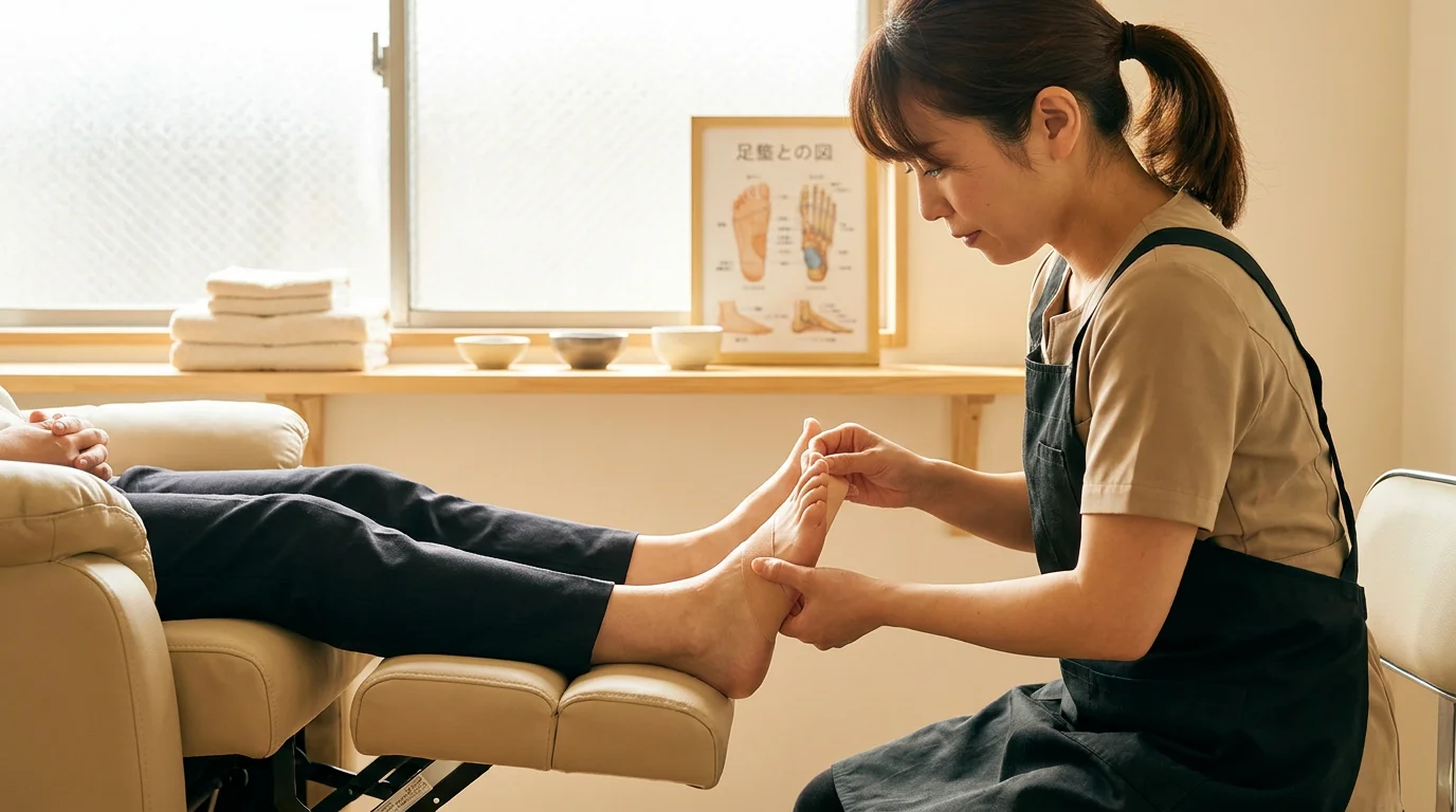 施術室で足元のケアを受けるお客様の足元